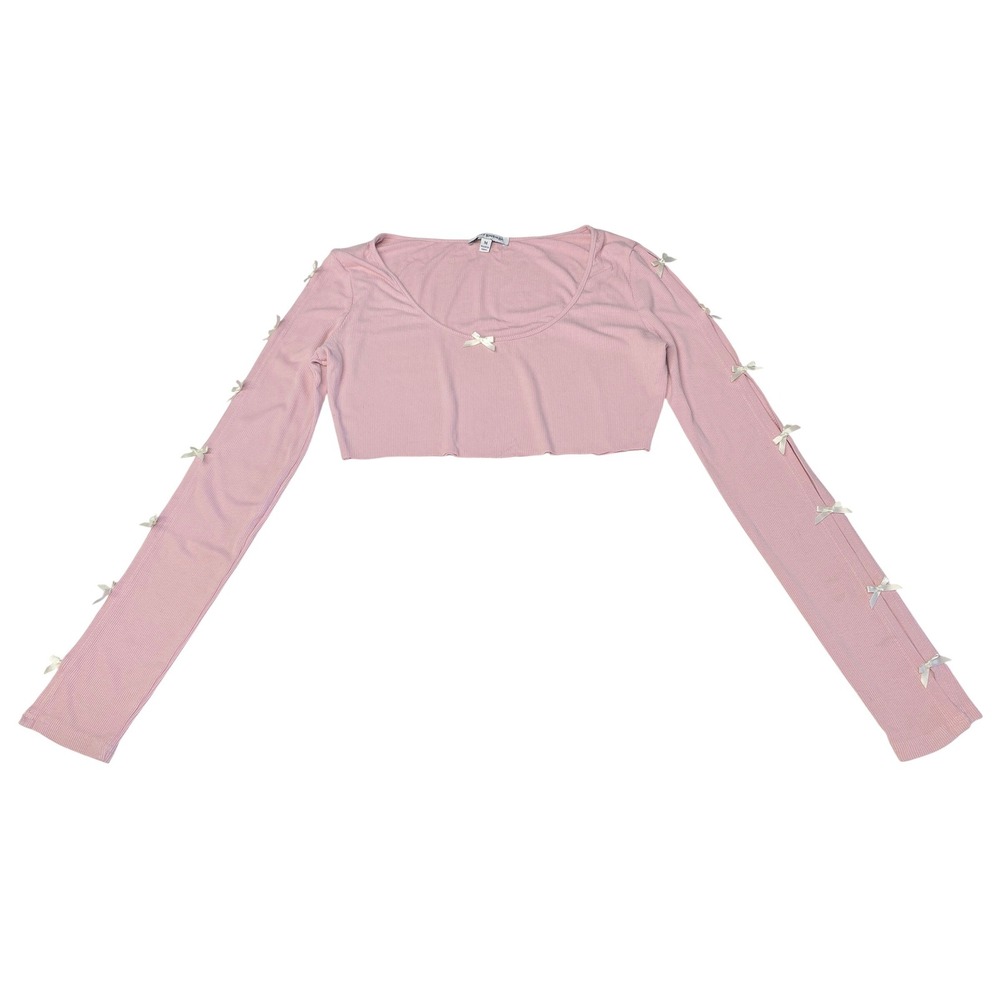 Pretty Garbage Pink Ribbed Bow Long Sleeve Crop Top Coquette Scoop Neck Medium